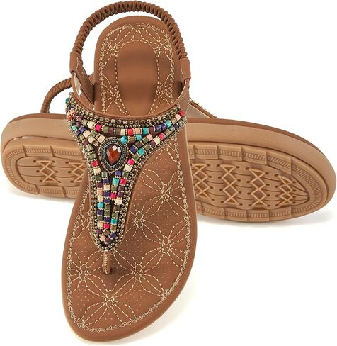Ecetana Women's Flat Sandals Comfort Beaded Boho Summer Ankle Strap | Colorful Bohemian Beaded - Comfortable Cushioned Footbed - Ideal for Beach Travel Casual Daily Wear - Non-slip Rubber Sole in Saudi Arabia
