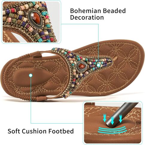 Ecetana Women's Flat Sandals Comfort Beaded Boho Summer Ankle Strap | Colorful Bohemian Beaded - Comfortable Cushioned Footbed - Ideal for Beach Travel Casual Daily Wear - Non-slip Rubber Sole in Saudi Arabia