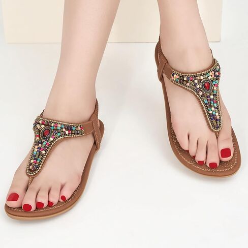 Ecetana Women's Flat Sandals Comfort Beaded Boho Summer Ankle Strap | Colorful Bohemian Beaded - Comfortable Cushioned Footbed - Ideal for Beach Travel Casual Daily Wear - Non-slip Rubber Sole in Saudi Arabia