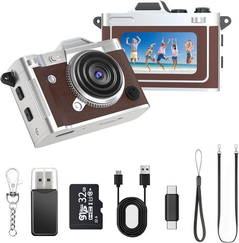 Mini Keychain Camera - 2K FHD Tiny Retro Digital Camera with 32GB Card, 1.47" Screen & OTG Adapter, Vintage Compact Micro Pocket Camera for Kids,Travel,Party (Black) in Kuwait