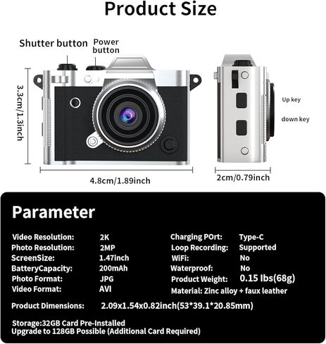 Mini Keychain Camera - 2K FHD Tiny Retro Digital Camera with 32GB Card, 1.47" Screen & OTG Adapter, Vintage Compact Micro Pocket Camera for Kids,Travel,Party (Black) in Kuwait