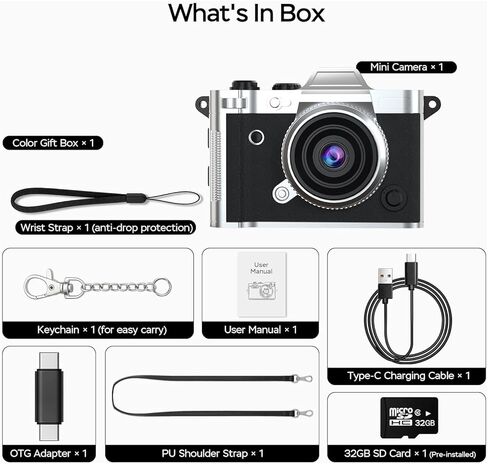 Mini Keychain Camera - 2K FHD Tiny Retro Digital Camera with 32GB Card, 1.47" Screen & OTG Adapter, Vintage Compact Micro Pocket Camera for Kids,Travel,Party (Black) in Kuwait