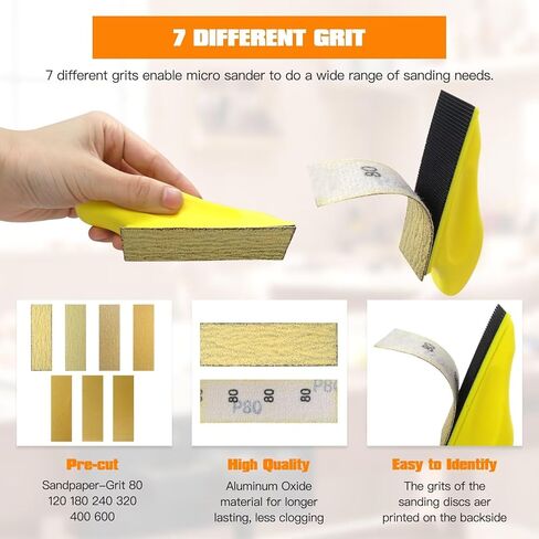 Micro Detail Sander Tool Kit, Mini Polishing Tool, Wood Sanding Sander 80/120/180/240/320/400/600 Grit Yellow Sandpaper, Micro Sander for Smoothing Surface, Multifunctional Mini Hand Tool in Saudi Arabia