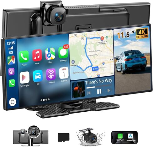شاشة Carplay للسيارة مقاس 11.5 بوصة، أكبر شاشة HD لـ Carplay وAndroid Auto Car Stereo مع كاميرا داش 4K وكاميرا احتياطية 1080P، ملاحة GPS/بلوتوث/وصلة مرآة/تحكم صوتي/AUX/FM/Siri in Kuwait