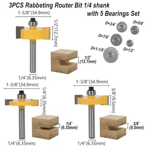1/4 Inch Shank Rabbet Router Bit Set, 3 Pieces Carbide Tipped Rabbeting Router Bit with 6 Bearings Set, Interchangeable and Adjustable Bearing in Kuwait