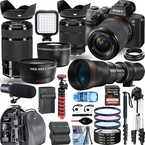 كاميرا Sony a7 III بعدسة قابلة للتبديل كاملة الإطار 24 ميجابكسل 4K مع عدسات Sony 28-70 مم و55-210 مم f/4.5-6.3 OSS + عدسة تليفوتوغرافي 420-800 مم f/8.3 + حزمة ملحقات احترافية (متجددة) in Kuwait