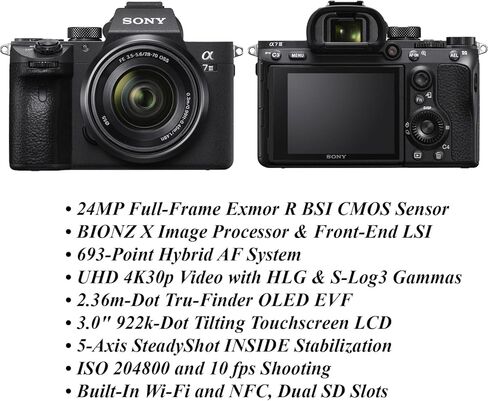 كاميرا Sony a7 III بعدسة قابلة للتبديل كاملة الإطار 24 ميجابكسل 4K مع عدسات Sony 28-70 مم و55-210 مم f/4.5-6.3 OSS + عدسة تليفوتوغرافي 420-800 مم f/8.3 + حزمة ملحقات احترافية (متجددة) in Kuwait