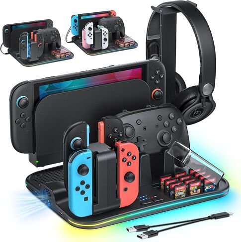 [Switch 2/1 Compatible] FASTSNAIL Charging Dock & Orgainzer Station & Cooling Fan for Nintendo Switch 2/1/OLED, Storage Stand for JoyCon 2/1 with 12 Card Slots, Controller/Headset Holder, 9 RGB Modes in Saudi Arabia