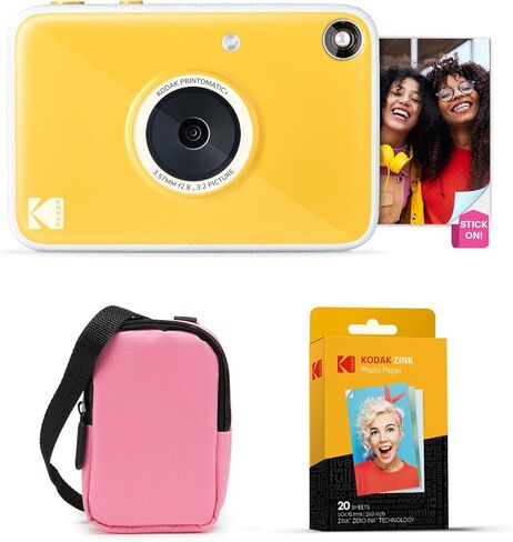مجموعة Kodak Printomatic+ للطباعة الفورية للكاميرا الرقمية + حقيبة حمل (وردي) + ورق صور Zink 20pk لاصق من الخلف - 10 ميجابكسل، صور كاملة الألوان، مؤشر حالة LED GB - أصفر in Saudi Arabia