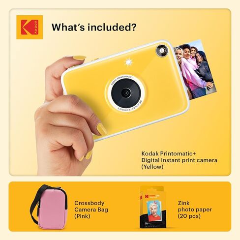 مجموعة Kodak Printomatic+ للطباعة الفورية للكاميرا الرقمية + حقيبة حمل (وردي) + ورق صور Zink 20pk لاصق من الخلف - 10 ميجابكسل، صور كاملة الألوان، مؤشر حالة LED GB - أصفر in Saudi Arabia