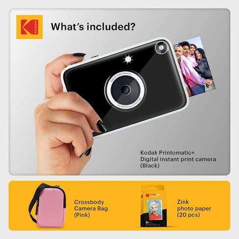 حزمة Kodak Printomatic+ للكاميرا الرقمية للطباعة الفورية + حقيبة حمل (وردي) + ورق صور Zink 20pk لاصق من الخلف - 10 ميجابكسل، صور كاملة الألوان، مؤشر حالة LED GB - أسود in Saudi Arabia