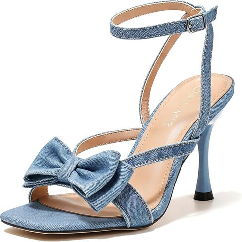 Women's Bow Square Open Toe Stiletto Denim Sandals with Criss Ankle Buckle Sexy Backless Comfortable Non Slip High Kitten Heel Denim Wedding Dress Sandals for Party Daily Wear in Kuwait