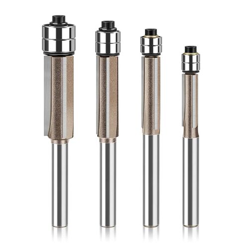 Mesee 4Pcs Top Bearing Flush Trim Router Bit Set 1/4" Shank 3-Flute Flush Trim Bits with Double Bearings Woodworking Carbide Tipped Triple Flute Template Pattern Trimming Cutter - 1/4" 5/16" 3/8" 1/2" in Saudi Arabia