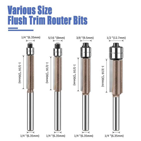 Mesee 4Pcs Top Bearing Flush Trim Router Bit Set 1/4" Shank 3-Flute Flush Trim Bits with Double Bearings Woodworking Carbide Tipped Triple Flute Template Pattern Trimming Cutter - 1/4" 5/16" 3/8" 1/2" in Saudi Arabia