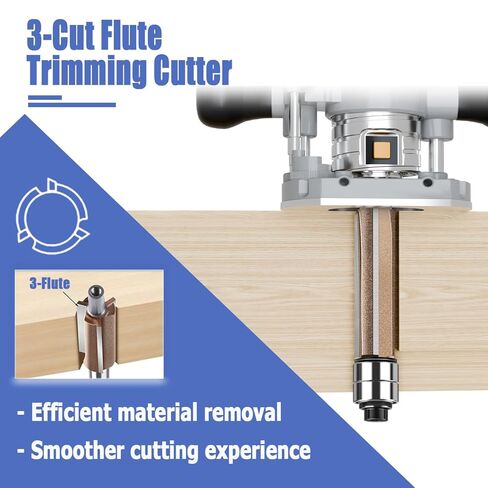 Mesee 4Pcs Top Bearing Flush Trim Router Bit Set 1/4" Shank 3-Flute Flush Trim Bits with Double Bearings Woodworking Carbide Tipped Triple Flute Template Pattern Trimming Cutter - 1/4" 5/16" 3/8" 1/2" in Saudi Arabia