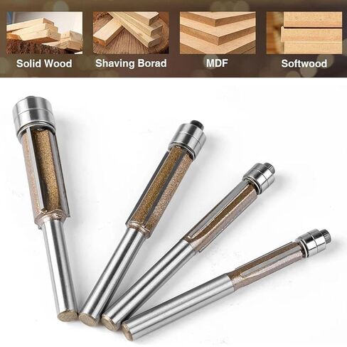 Mesee 4Pcs Top Bearing Flush Trim Router Bit Set 1/4" Shank 3-Flute Flush Trim Bits with Double Bearings Woodworking Carbide Tipped Triple Flute Template Pattern Trimming Cutter - 1/4" 5/16" 3/8" 1/2" in Saudi Arabia