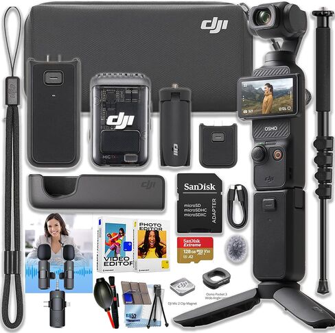 مجموعة DJI Osmo Pocket 3 Creator Combo مع جهاز إرسال/مسجل بمشبك، وعدسة زاوية واسعة، ومقبض بطارية، وحامل ثلاثي صغير، وحقيبة حمل + ميكروفون 3 في 1، وبطاقة Micro SD سعة 128 جيجابايت، ومونوبود، ومجموعة تنظيف in Kuwait
