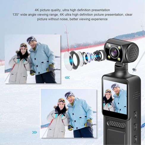 4K WiFi Action Camera with 180° Rotating Lens and LED Light, 40MP Ultra HD, 135° Wide Angle, APP Control Water Proof Handheld Camera for Outdoor Sports, 1000mAh Long Battery in Kuwait