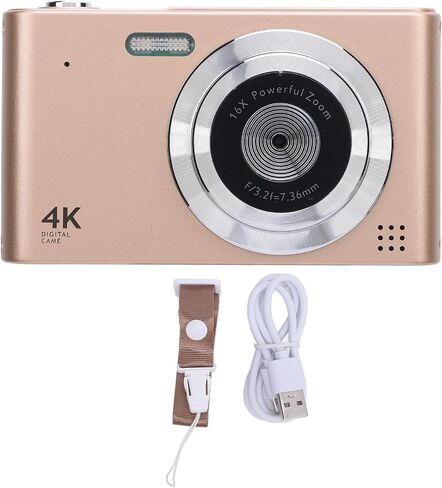 كاميرا رقمية ASHATA 48MP 4K، كاميرا SLR رقمية قديمة CCD للتصوير الفوتوغرافي، تكبير 16x، شاشة 2.4، فلاش مدمج، تركيز تلقائي، كاميرات فيديو لمدونات الفيديو للسفر (ذهبي) in Saudi Arabia