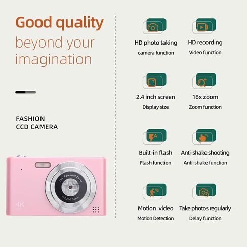 ASHATA 48MP 4K Digital Camera, Retro CCD Camera Digital SLR Camera for Photography, 16x Zoom, 2.4 Screen, Built in Flash, Autofocus, Vlogging Video Cameras for Travel (Pink) in Saudi Arabia