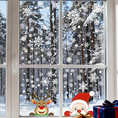 465 Pcs 10 Sheet Double-Sided Christmas Window Clings, Large Christmas Snowflake Window Cling Stickers for Glass, Xmas Holiday Snowflake Santa Claus Reindeer Decals for Party in Saudi Arabia