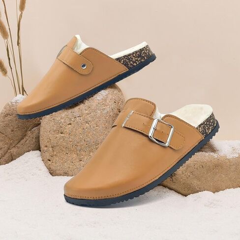 Suede Clogs for Women Men Fuzzy PU Soft Cork Footbed Leather Mules Comfort Potato Shoes with Arch Support Brown in Saudi Arabia