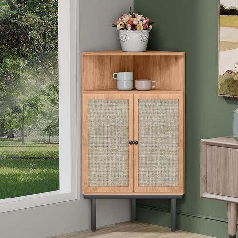 Yechen Corner Cabinet with Natural Rattan Decorated Doors, Corner Shelf Stand with Storage, Bathroom Cabinet, Small Corner Table for Living Room, Kitchen, 4-Tier, Metal Legs in Saudi Arabia