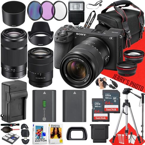 كاميرا Sony a6700 بدون مرآة مع عدسة Sony E 18-135mm f/3.5-5.6 OSS وSony E 55-210mm f/4.5-6.3 OSS + قطعتين ذاكرة 64 جيجابايت + حامل ثلاثي عنكبوت + حافظة + بطارية إضافية + المزيد (حزمة 34 قطعة) (متجددة) in Saudi Arabia