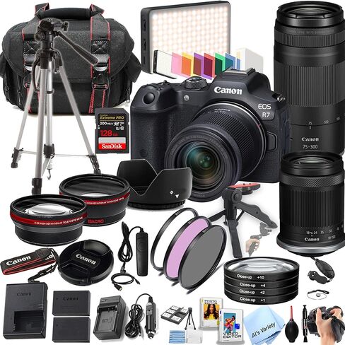 كاميرا Canon EOS R7 بدقة 32.5 ميجابكسل بمستشعر APS-C CMOS بدون مرآة مع عدسات مقاس 18-150 مم + عدسات 75-300 مم + ذاكرة فائقة سعة 128 جيجابايت، ومصباح فيديو LED، وعدسة زاوية واسعة، وعدسة مقربة، ومرشحات - حزمة احترافية مكونة من 44 قطعة (متجددة) in Saudi Arabia