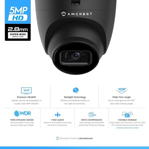 كاميرا Amcrest Turret POE المُجددة بدقة 5 ميجابكسل، كاميرا IP خارجية POE مع ميكروفون/صوت، كاميرات مراقبة أمنية 5 ميجابكسل، 132 درجة FOV، IP67، MicroSD (256 جيجابايت) أسود REP-IP5M-T1179EB-AI-V3 in Kuwait