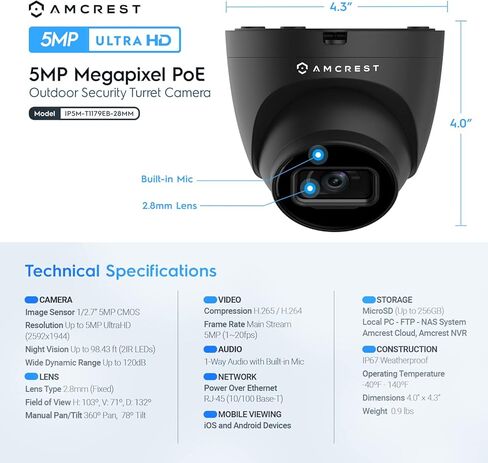 كاميرا Amcrest Turret POE المُجددة بدقة 5 ميجابكسل، كاميرا IP خارجية POE مع ميكروفون/صوت، كاميرات مراقبة أمنية 5 ميجابكسل، 132 درجة FOV، IP67، MicroSD (256 جيجابايت) أسود REP-IP5M-T1179EB-AI-V3 in Kuwait