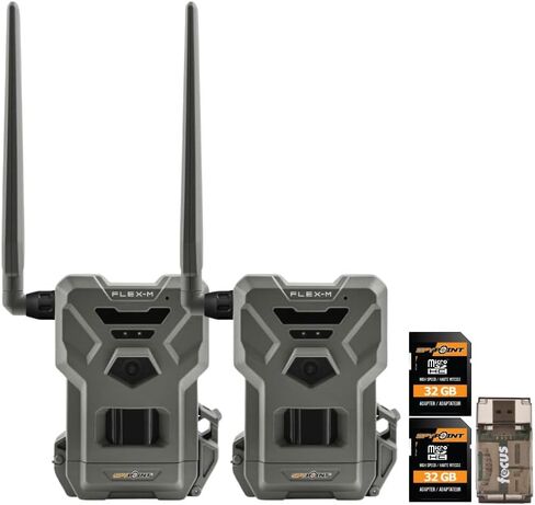 Spypoint Flex M Pack 28MP Cellular Trail Cameras (2 pack) مع بطاقة ذاكرة عالية السرعة 32 جيجابايت (4 عبوات) وقارئ بطاقة عالية السرعة (7 عناصر) in Kuwait