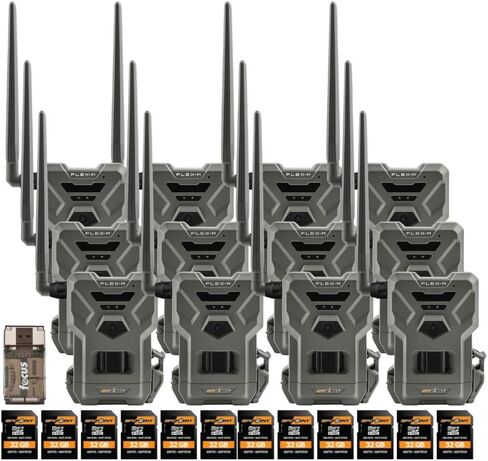 Spypoint Flex M Pack 28MP Cellular Trail Cameras (2 pack) مع بطاقة ذاكرة عالية السرعة 32 جيجابايت (4 عبوات) وقارئ بطاقة عالية السرعة (7 عناصر) in Kuwait