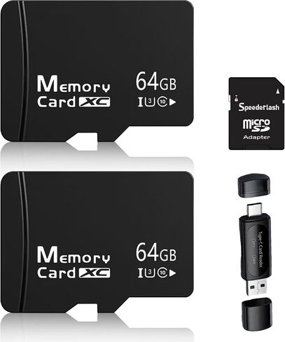 عبوتان من بطاقات الذاكرة MicroSDXC بسعة 64 جيجابايت مع محول SD وقارئ USB عالمي، تصنيف V30 U3، بطاقات تسجيل فيديو 4K لكاميرات الأمان والأجهزة اللوحية وكاميرات داش in Kuwait
