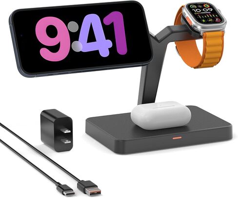 GEEKERA 3 in1 Wireless Charging Station for MagSafe, Qi2 Certified 15W Fast Magnetic Wireless Charger Stand, Compatible for iPhone16/15/14/13/12 Series, Apple Watch, AirPods 4/3/Pro, White in Kuwait
