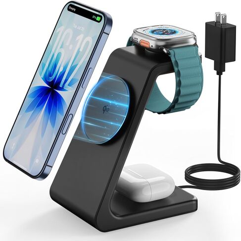 GEEKERA 3 in1 Wireless Charging Station for MagSafe, Qi2 Certified 15W Fast Magnetic Wireless Charger Stand, Compatible for iPhone16/15/14/13/12 Series, Apple Watch, AirPods 4/3/Pro, White in Kuwait