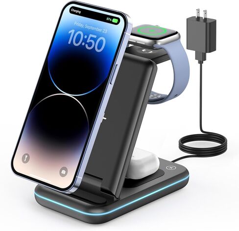 GEEKERA 3 in1 Wireless Charging Station for MagSafe, Qi2 Certified 15W Fast Magnetic Wireless Charger Stand, Compatible for iPhone16/15/14/13/12 Series, Apple Watch, AirPods 4/3/Pro, White in Kuwait