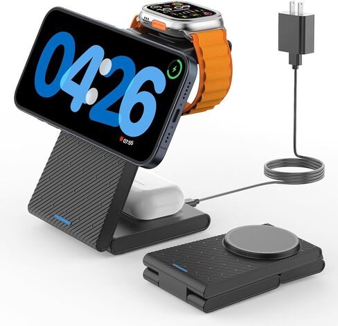 GEEKERA 3 in1 Wireless Charging Station for MagSafe, Qi2 Certified 15W Fast Magnetic Wireless Charger Stand, Compatible for iPhone16/15/14/13/12 Series, Apple Watch, AirPods 4/3/Pro, White in Kuwait