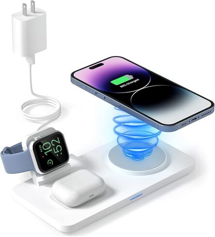 GEEKERA 3 in1 Wireless Charging Station for MagSafe, Qi2 Certified 15W Fast Magnetic Wireless Charger Stand, Compatible for iPhone16/15/14/13/12 Series, Apple Watch, AirPods 4/3/Pro, White in Kuwait