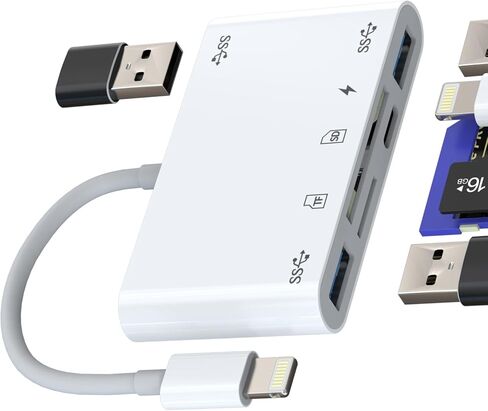 محول USB لايتنينج إلى قارئ بطاقات SD (6 في 1) محول كابل شحن OTG 3.0 لهاتف iPhone 14 Pro Max، لأجهزة iPad، والكاميرا الرقمية، وذاكرة Micro SD، وذاكرة TF، وملحقات عصا محرك فلاش الصور in Kuwait