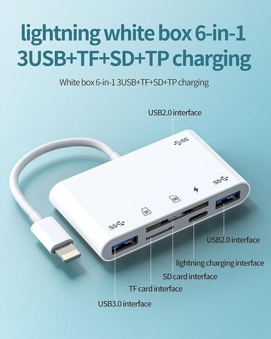 محول USB لايتنينج إلى قارئ بطاقات SD (6 في 1) محول كابل شحن OTG 3.0 لهاتف iPhone 14 Pro Max، لأجهزة iPad، والكاميرا الرقمية، وذاكرة Micro SD، وذاكرة TF، وملحقات عصا محرك فلاش الصور in Kuwait