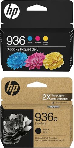 HP Original 936e Black Evomore Ink / 936 Tri-Color Ink Cartridges (2 pack) | يعمل مع سلسلة الطابعة: OfficeJet 9120 ، Pro 9100 ، Pro Wide Format 9700 | كربون محايد | C84QZLN in Kuwait