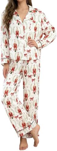 NUFIWI Womens Christmas Satin Pajamas Set Long Sleeve Silk Button Down Shirt and Pants 2 Piece Pj Sets Xmas Loungewear in Saudi Arabia