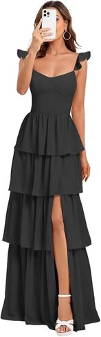 Tiered Ruffles Bridesmaid Dresses with Slit A Line Chiffon Prom Dress for Women Spaghetti Straps Formal Evening Gown in Saudi Arabia