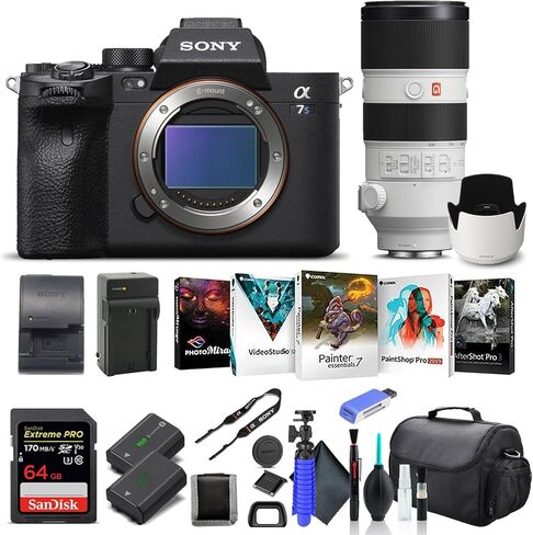 هيكل كاميرا رقمية بدون مرآة Sony Alpha a7S III فقط ILCE7SM3/B، وعدسة Sony FE مقاس 70-200 مم، وبطاقة ذاكرة 64 جيجابايت، وبطارية NP-FZ-100، وبرنامج صور Corel، وحقيبة، وشاحن خارجي، والمزيد in Kuwait