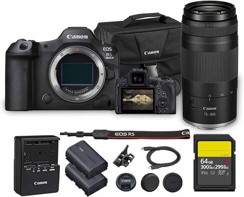 كاميرا كانون EOS R5 Mark II بدون مرآة | مستشعر إطار كامل بدقة 45 ميجابكسل وتسجيل فيديو بدقة 8K | التركيز التلقائي المتقدم من IBIS للمبدعين المحترفين (6536C002) + عدسة Canon RF مقاس 75-300 مم + بطارية LP-E6P + المزيد in Saudi Arabia