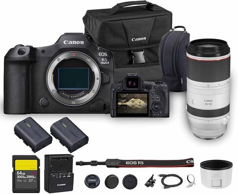 كاميرا كانون EOS R5 Mark II بدون مرآة | مستشعر إطار كامل بدقة 45 ميجابكسل وتسجيل فيديو بدقة 8K | التركيز التلقائي المتقدم من IBIS للمبدعين المحترفين (6536C002) + عدسة Canon RF مقاس 75-300 مم + بطارية LP-E6P + المزيد in Saudi Arabia