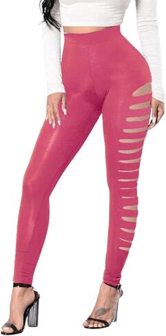 Womens Cut Out Ripped Leggings Sexy High Waist Workout Running Skinny Yoga Pants Elastic Waist in Saudi Arabia