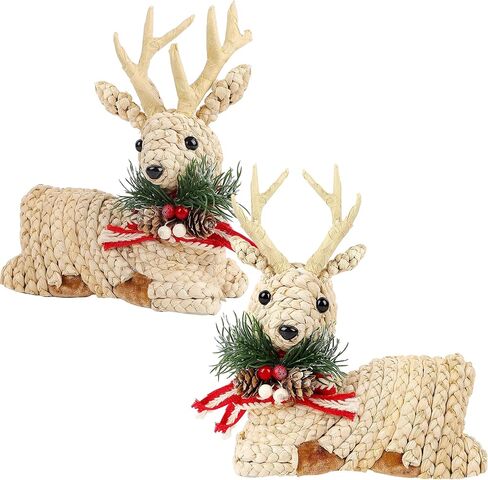 Lulu Home Christmas Tabletop Ornaments, Set of 2 Flocking White Lying Reindeer Figurines with Glittered Antler and Feet, Xmas Holiday Winter Mantle Shelf Centerpieces Decoration, Golden & Silver in Kuwait