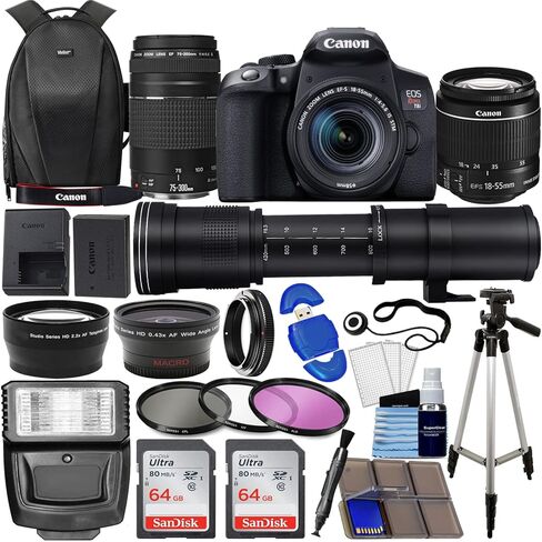 كاميرا Canon EOS Rebel T8i DSLR مع عدسات 18-55 ملم و75-300 ملم - عدسة تكبير فائقة 420-800 ملم - ذاكرة 128 جيجا بايت - حافظة - حامل ثلاثي القوائم - مجموعة مرشحات 3 قطع - أسود in Saudi Arabia